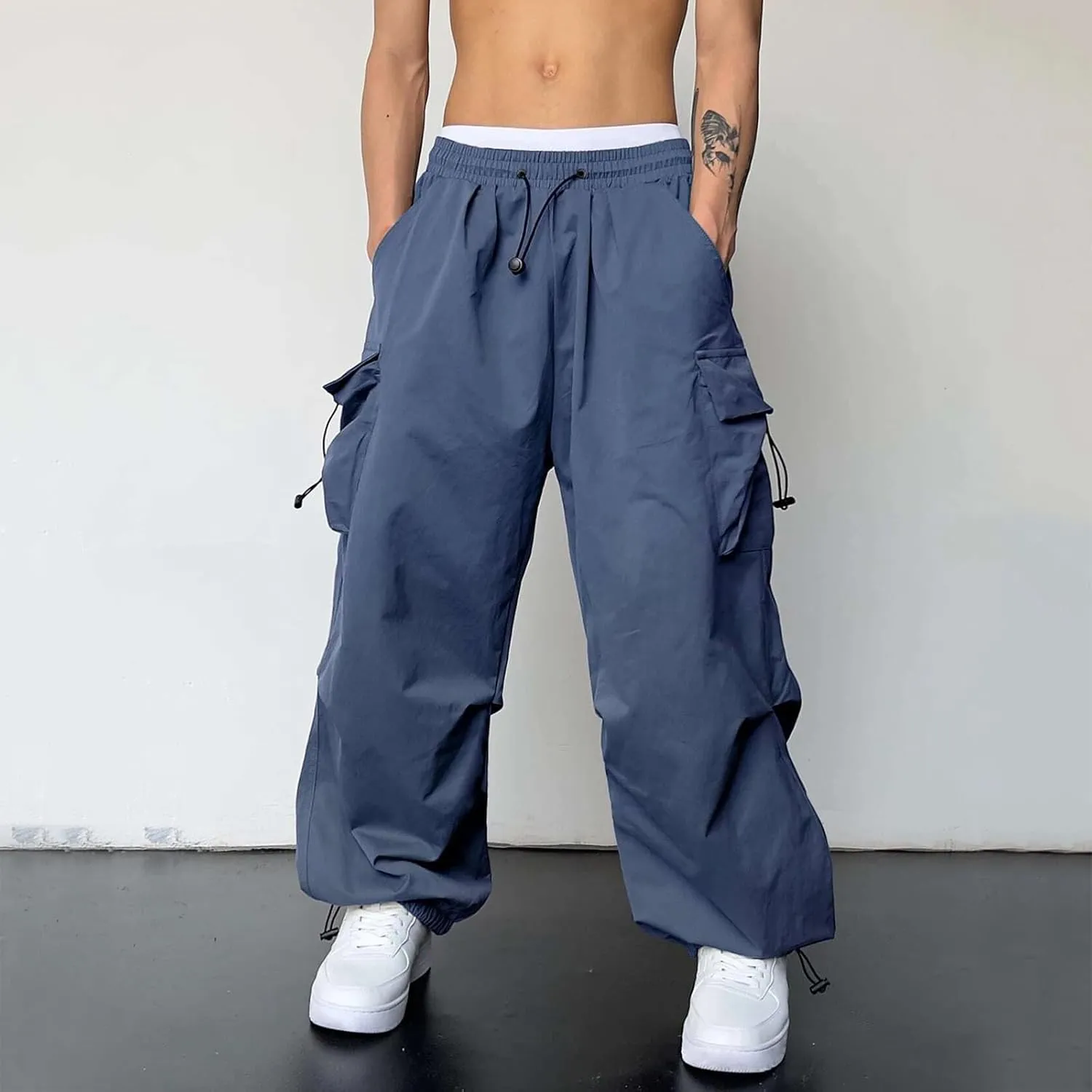 Mens Cargo Work Pant Wide Leg Casual Joggers Drawstring Elastic Waist Combat Work Pant with Pockets