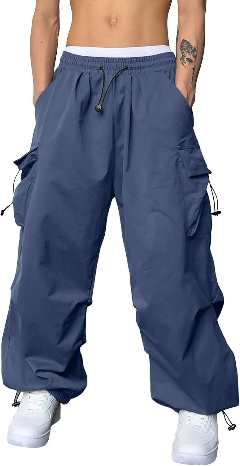 Mens Cargo Work Pant Wide Leg Casual Joggers Drawstring Elastic Waist Combat Work Pant with Pockets