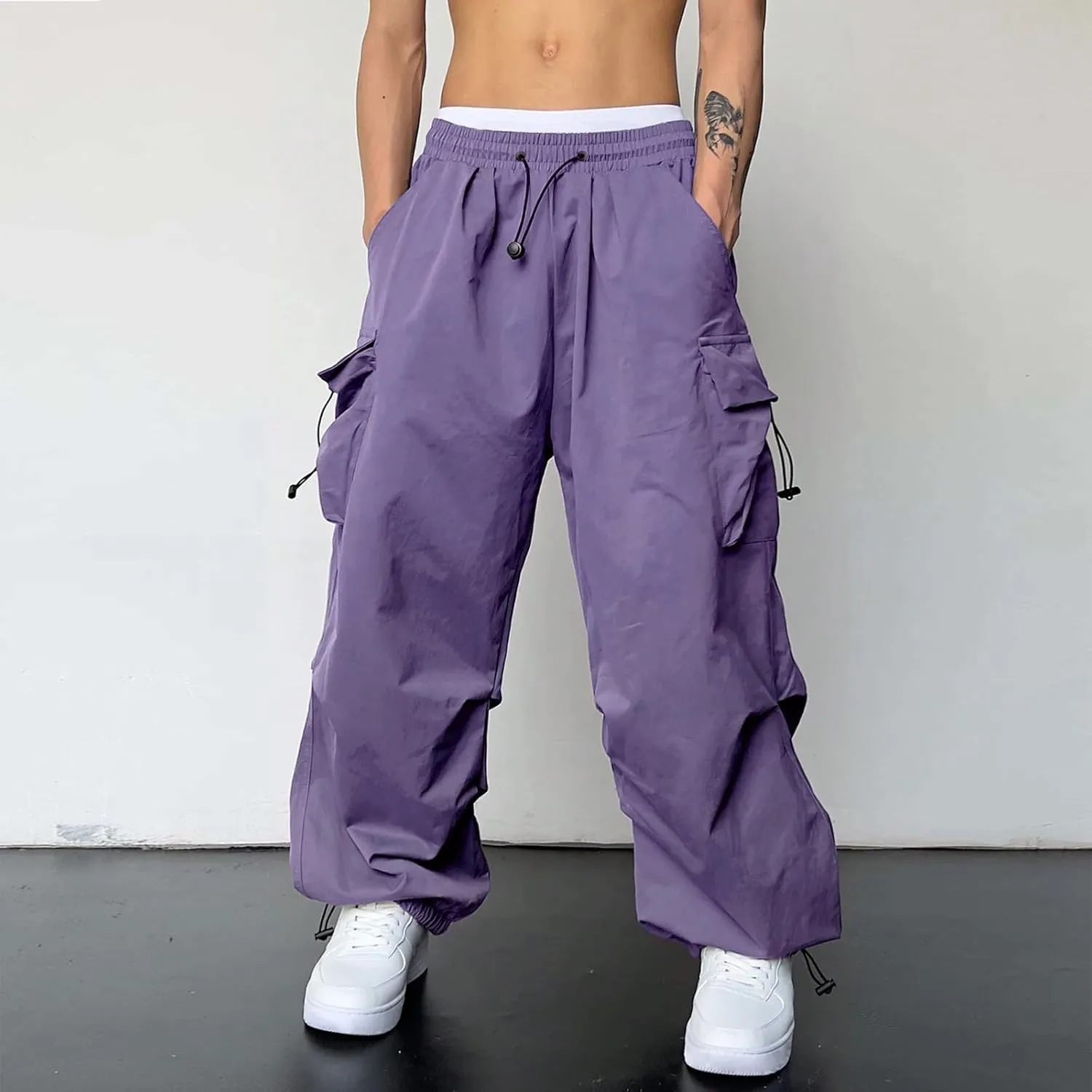 Mens Cargo Work Pant Wide Leg Casual Joggers Drawstring Waist Track Pants with Pockets