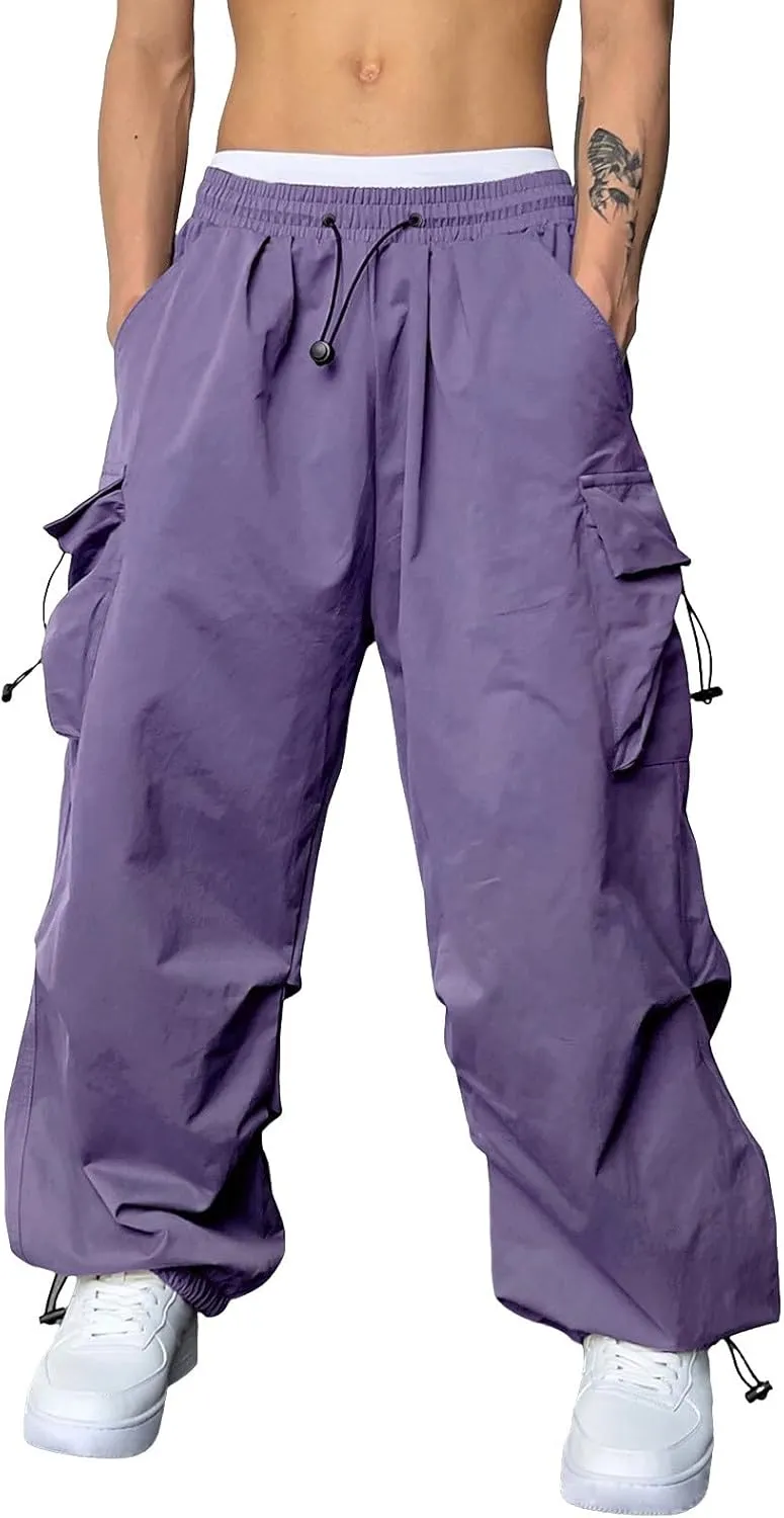 Mens Cargo Work Pant Wide Leg Casual Joggers Drawstring Waist Track Pants with Pockets