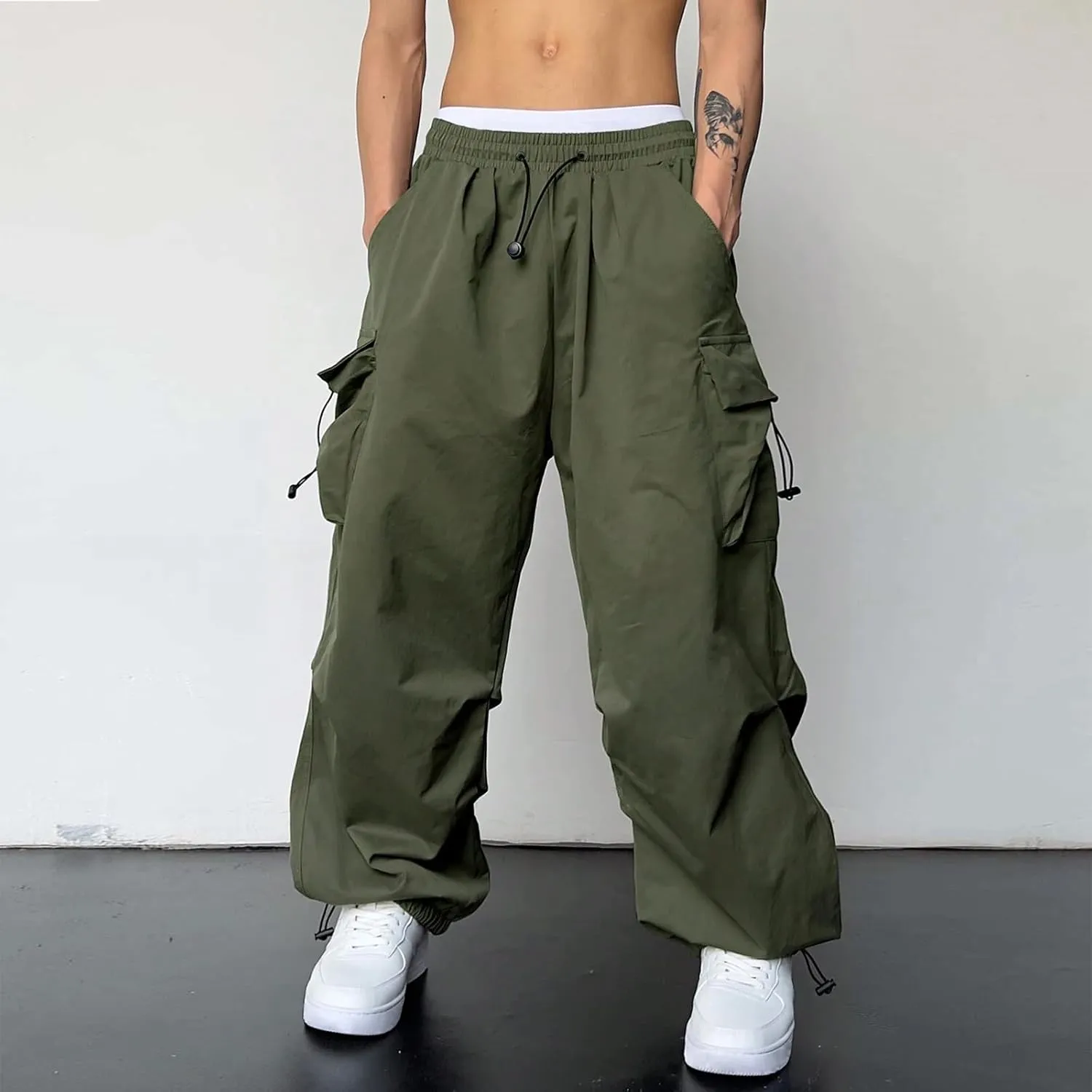 Mens Cargos Pant Casual Work Pant Elasticated Waist Wide Leg Cargo Joggers Multi Pockets