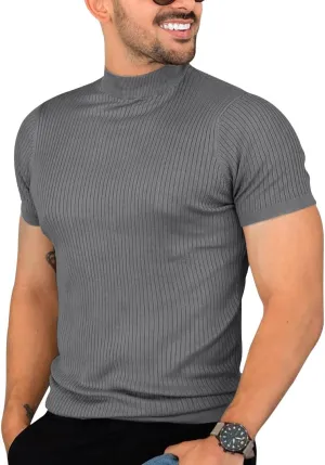 Mens Casual Slim Fit Basic Tops Short Sleeve Shirt Turtleneck T Shirts Rib Knitted Stretch Pullover Sweater