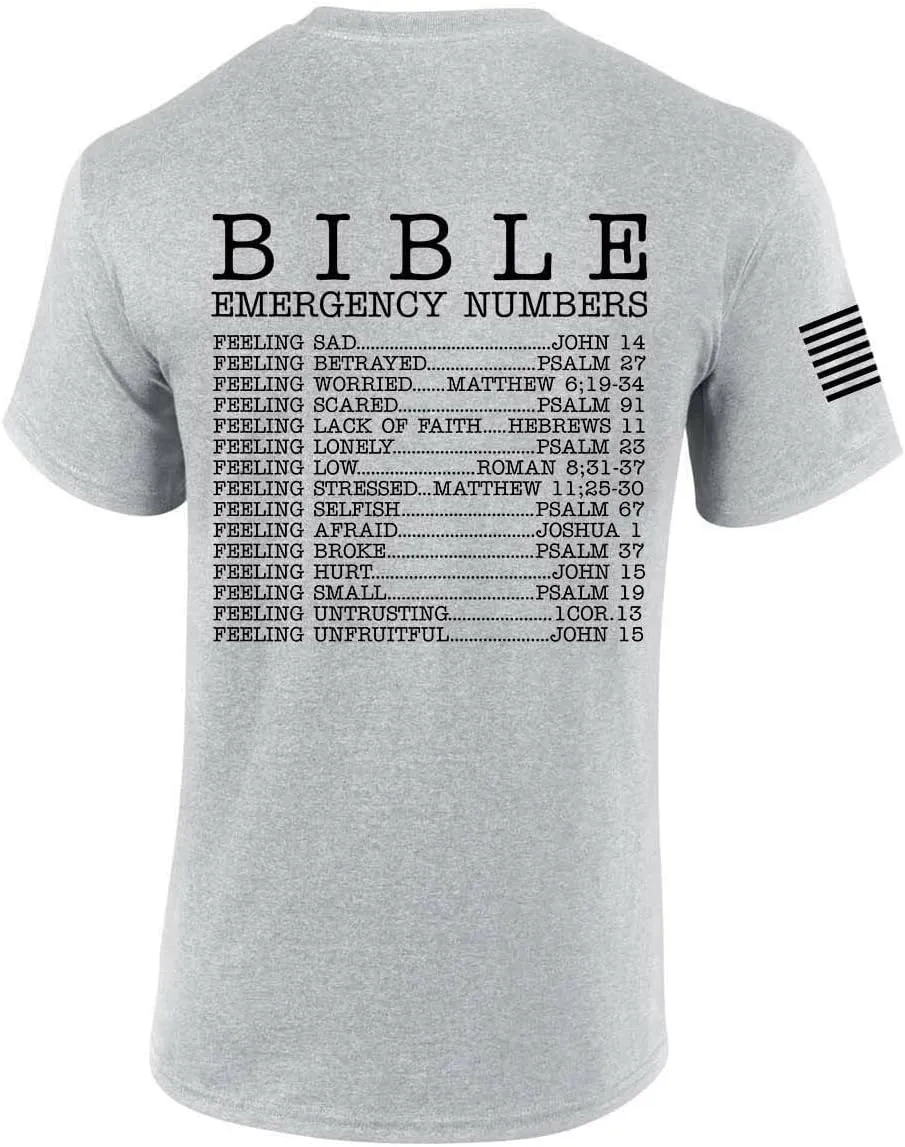 Mens Christian Bible Emergency Numbers Scripture Short Sleeve T-Shirt Graphic Tee