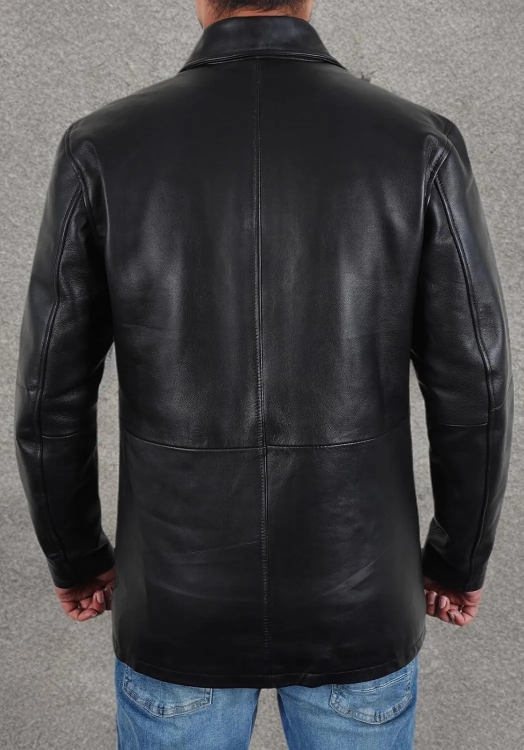 Mens Classic Winter Leather Car Coat 3/4 Length - Button Up Real Lambskin Long Jacket