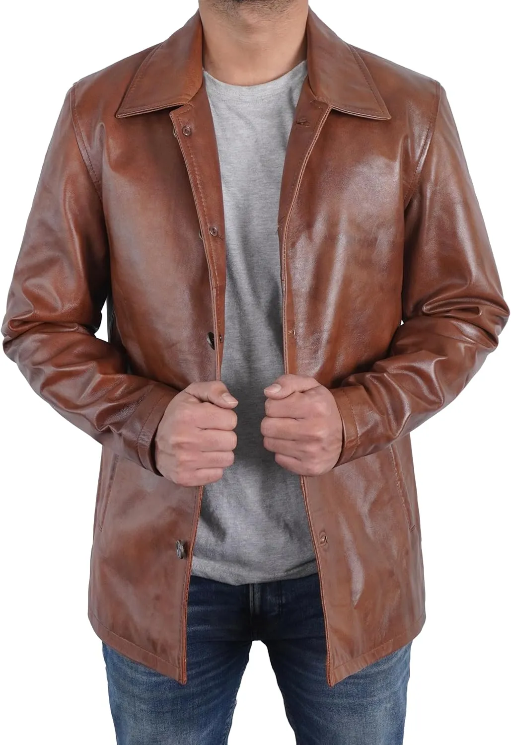 Mens Classic Winter Leather Car Coat 3/4 Length - Button Up Real Lambskin Long Jacket