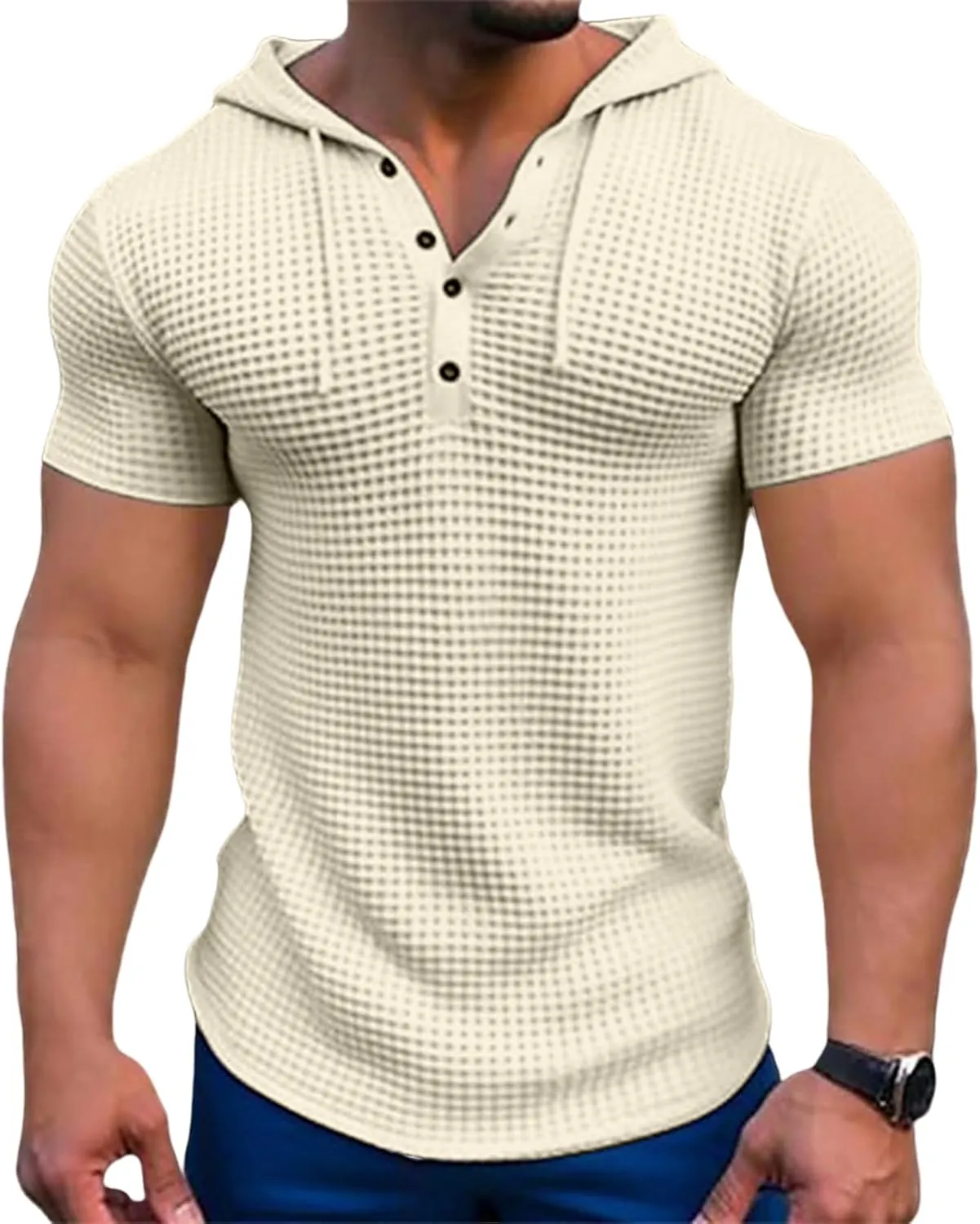 Mens Hoodies Drawstring Waffle Knit Tops Slim Fit Lightweight Summer Hooded Sweatshirt Gym Muscle Fit T Shirts Tshirt