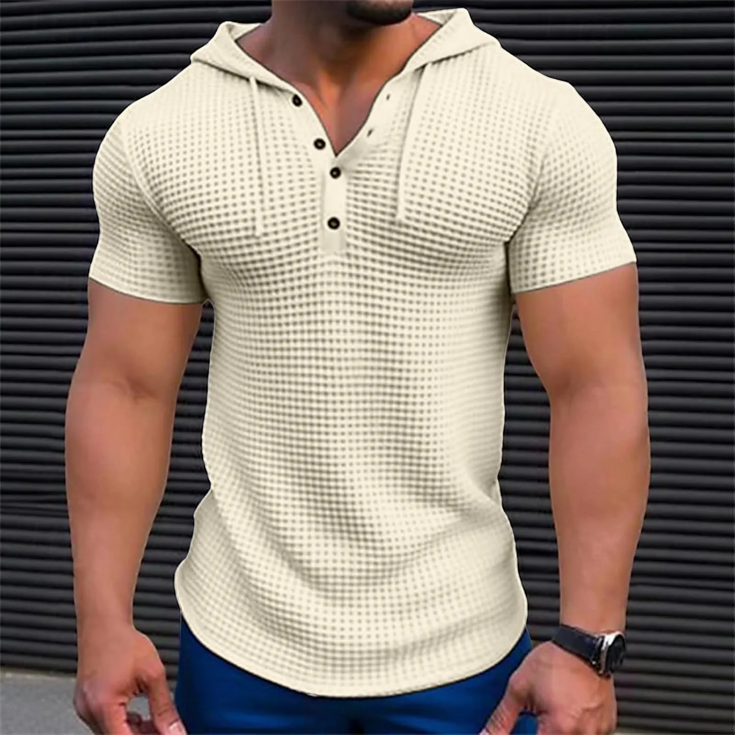Mens Hoodies Drawstring Waffle Knit Tops Slim Fit Lightweight Summer Hooded Sweatshirt Gym Muscle Fit T Shirts Tshirt
