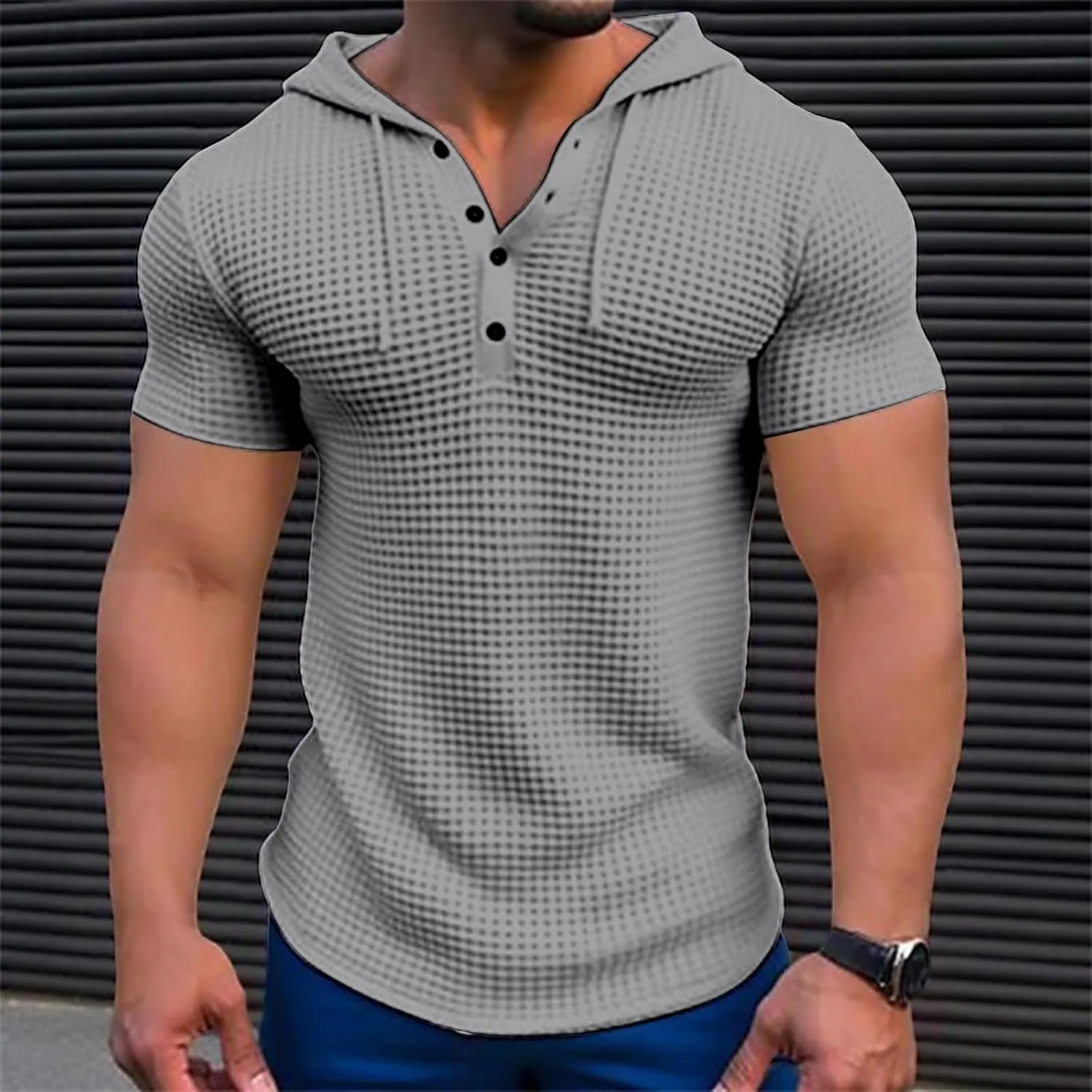 Mens Hoodies Drawstring Waffle Knit Tops Slim Fit Lightweight Summer Hooded Sweatshirt Gym Muscle Fit T Shirts Tshirt