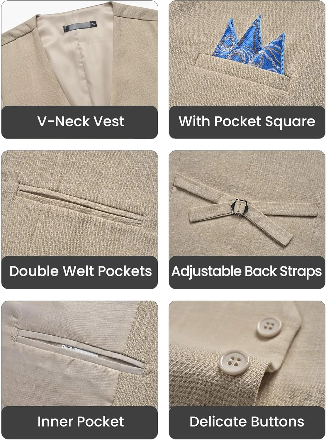 Mens Linen Suit Slim Fit 2 Piece Lightweight Summer Suits Wedding Vest Pants Set with Pocket Square