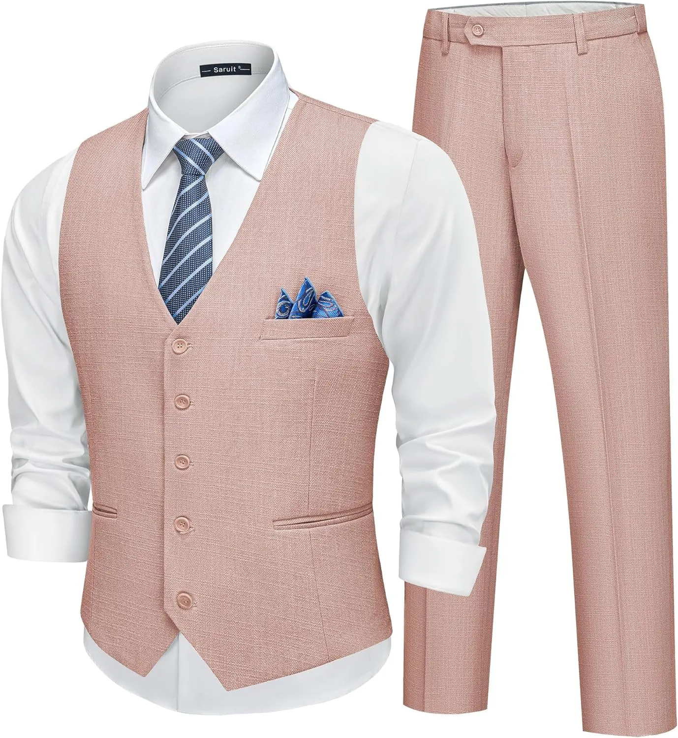 Mens Linen Suit Slim Fit 2 Piece Lightweight Summer Suits Wedding Vest Pants Set with Pocket Square