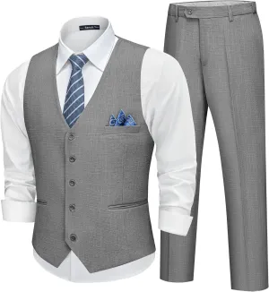 Mens Linen Suit Slim Fit 2 Piece Lightweight Summer Suits Wedding Vest Pants Set with Pocket Square
