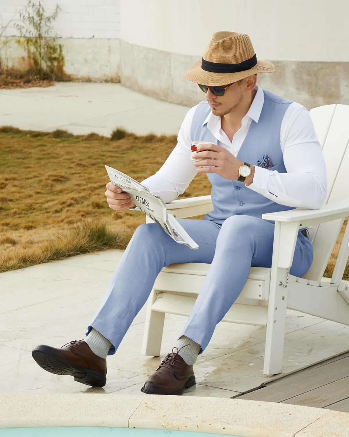 Mens Linen Suit Slim Fit 2 Piece Lightweight Summer Suits Wedding Vest Pants Set with Pocket Square