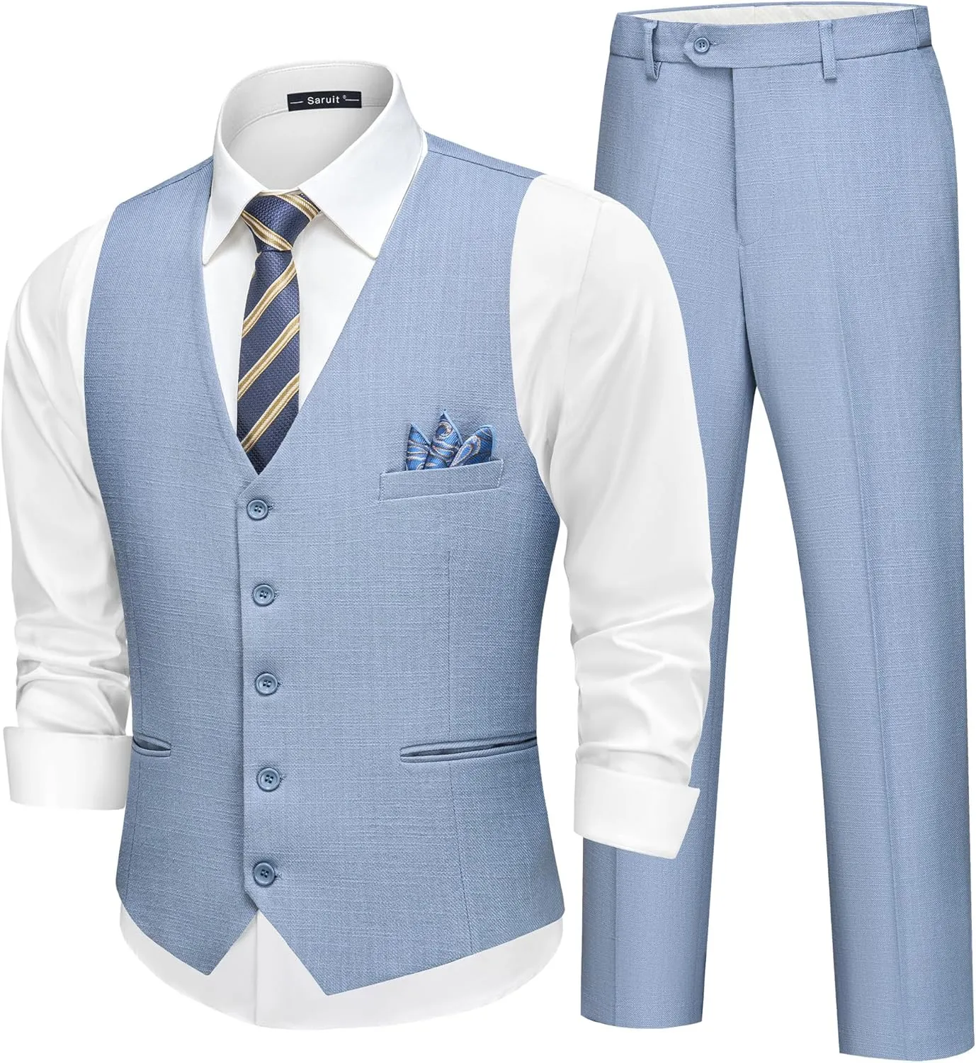 Mens Linen Suit Slim Fit 2 Piece Lightweight Summer Suits Wedding Vest Pants Set with Pocket Square