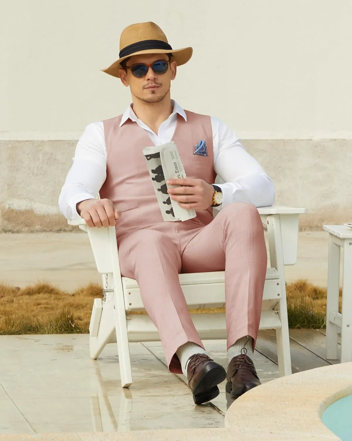 Mens Linen Suit Slim Fit 2 Piece Lightweight Summer Suits Wedding Vest Pants Set with Pocket Square