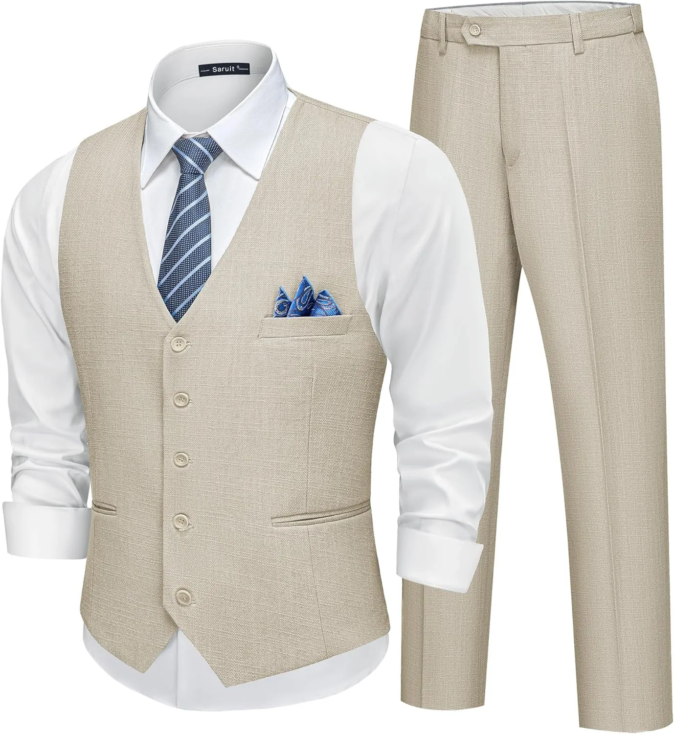 Mens Linen Suit Slim Fit 2 Piece Lightweight Summer Suits Wedding Vest Pants Set with Pocket Square