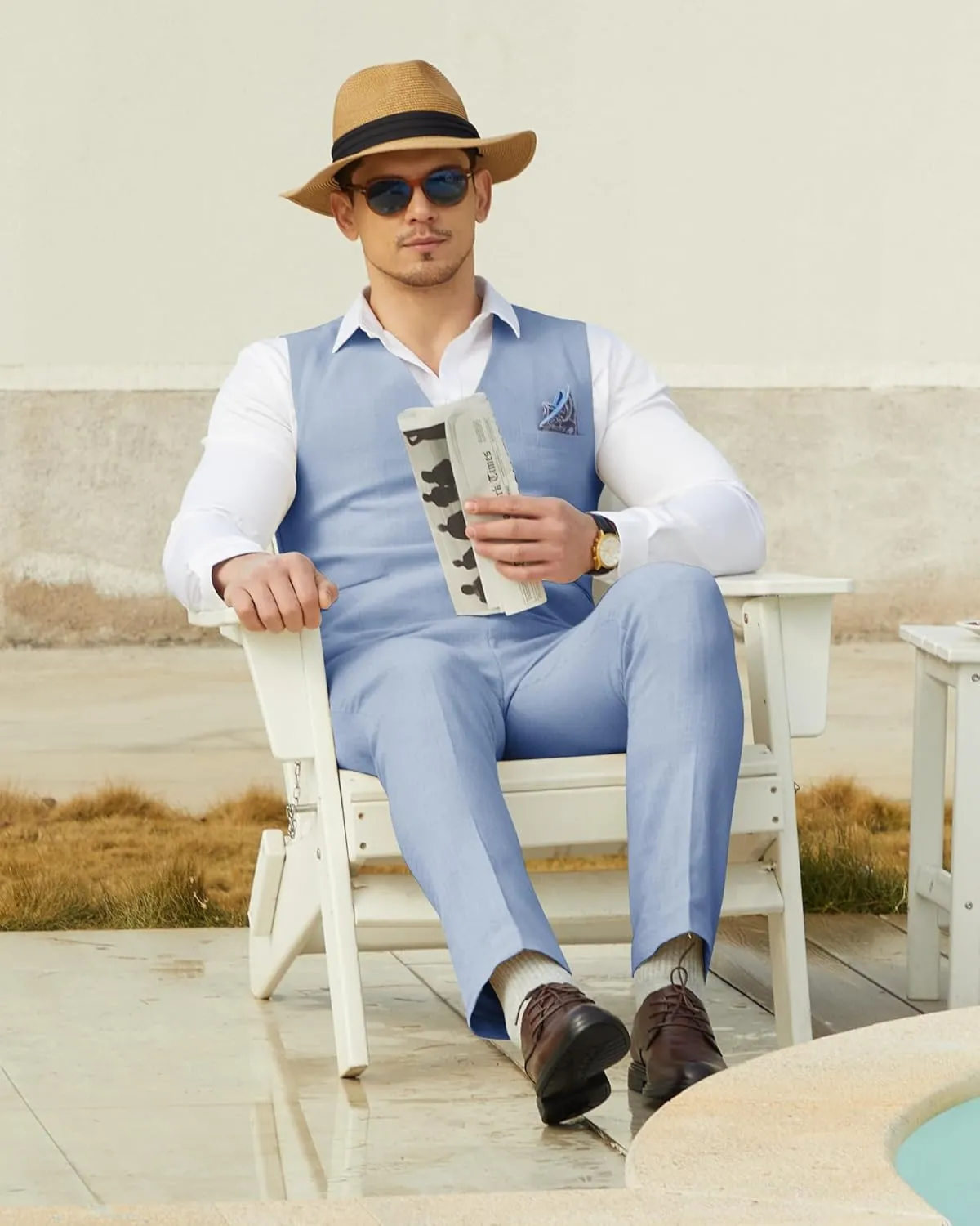 Mens Linen Suit Slim Fit 2 Piece Lightweight Summer Suits Wedding Vest Pants Set with Pocket Square