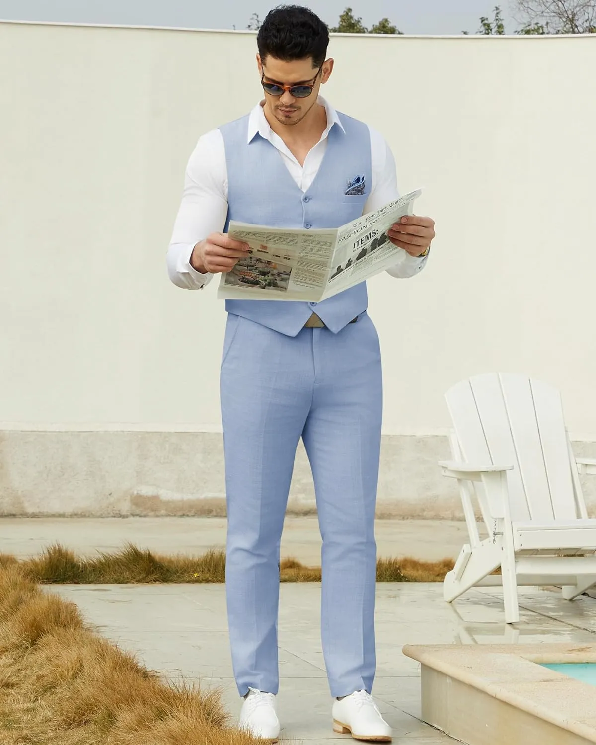Mens Linen Suit Slim Fit 2 Piece Lightweight Summer Suits Wedding Vest Pants Set with Pocket Square