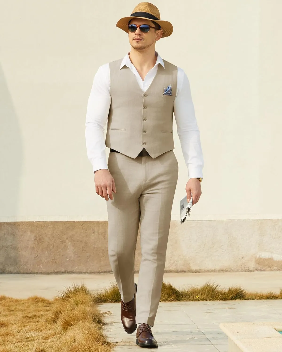 Mens Linen Suit Slim Fit 2 Piece Lightweight Summer Suits Wedding Vest Pants Set with Pocket Square