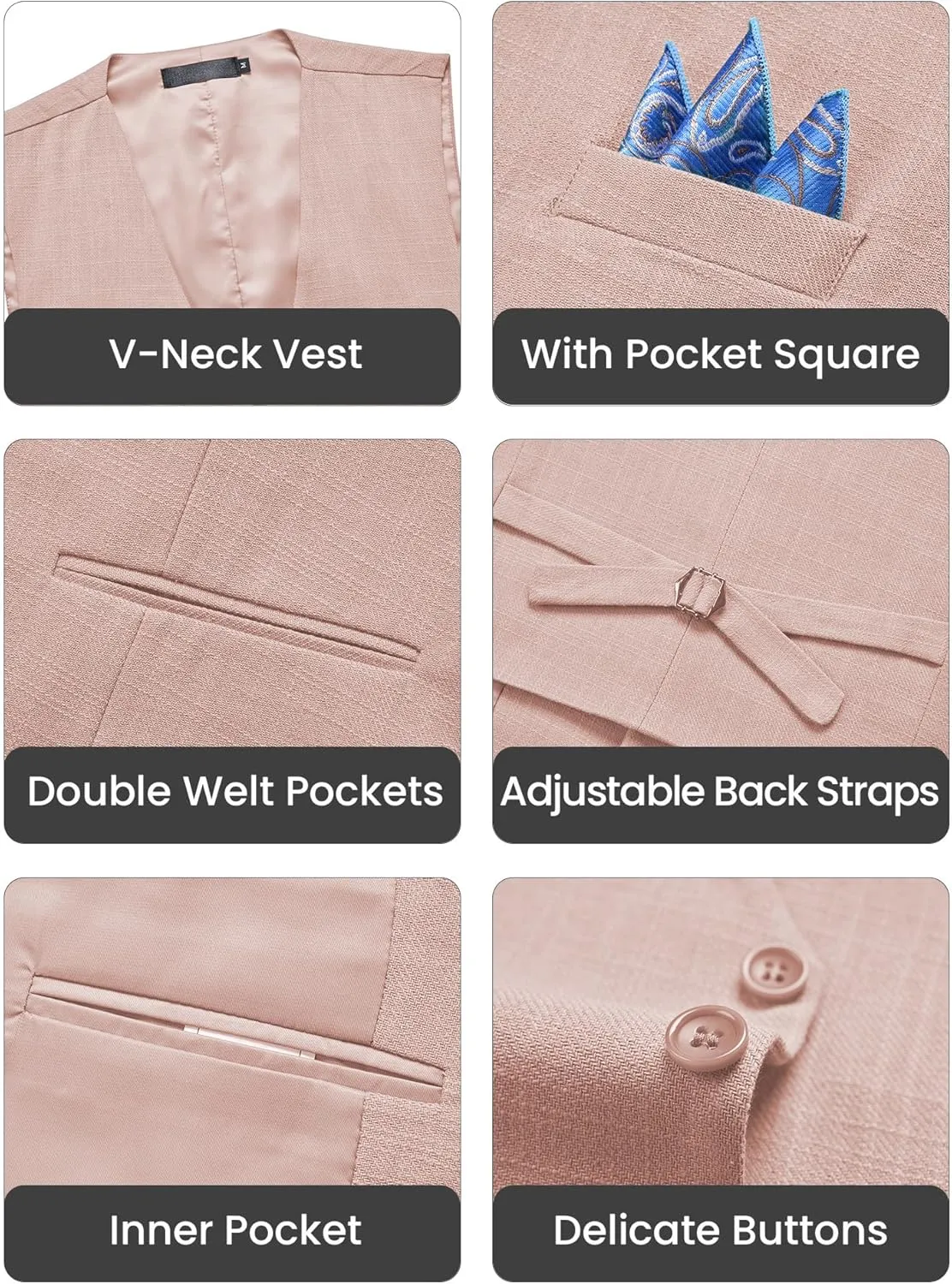 Mens Linen Suit Slim Fit 2 Piece Lightweight Summer Suits Wedding Vest Pants Set with Pocket Square