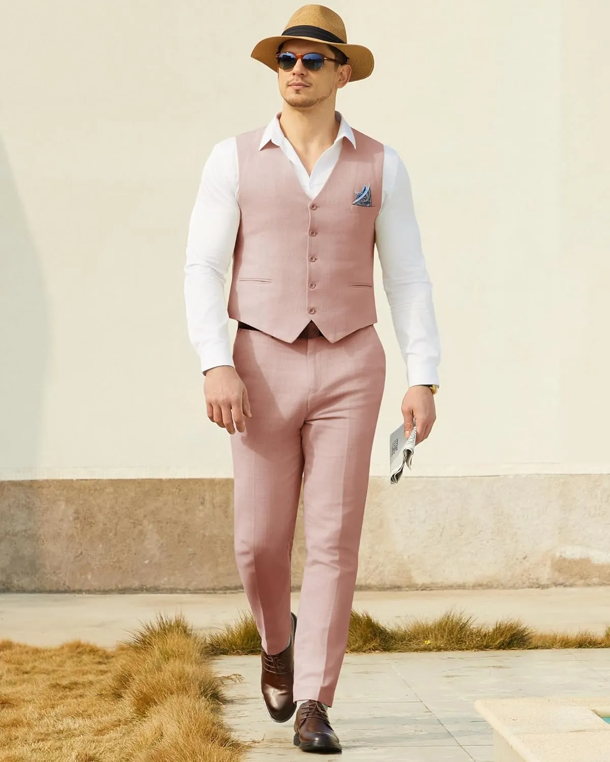 Mens Linen Suit Slim Fit 2 Piece Lightweight Summer Suits Wedding Vest Pants Set with Pocket Square