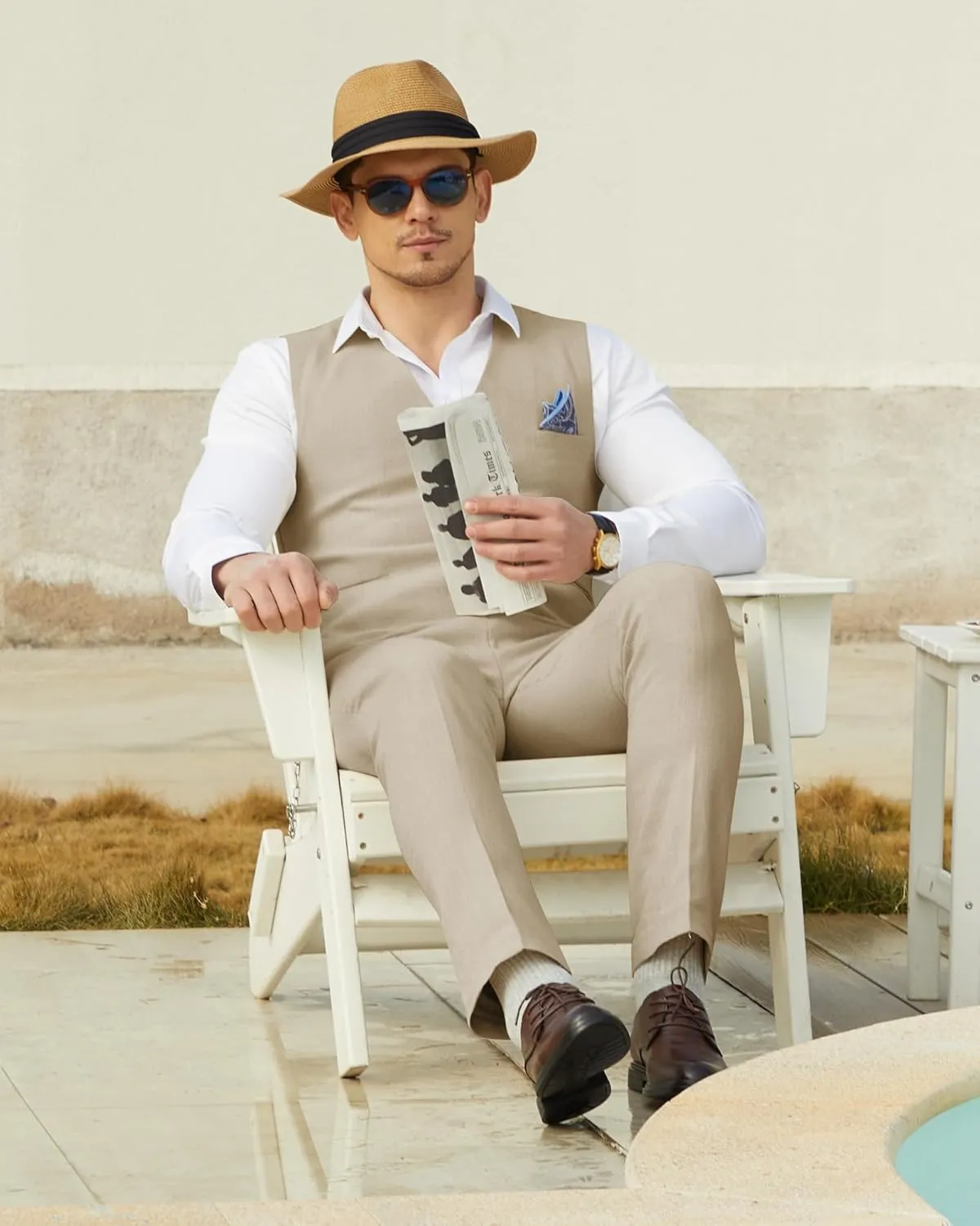 Mens Linen Suit Slim Fit 2 Piece Lightweight Summer Suits Wedding Vest Pants Set with Pocket Square