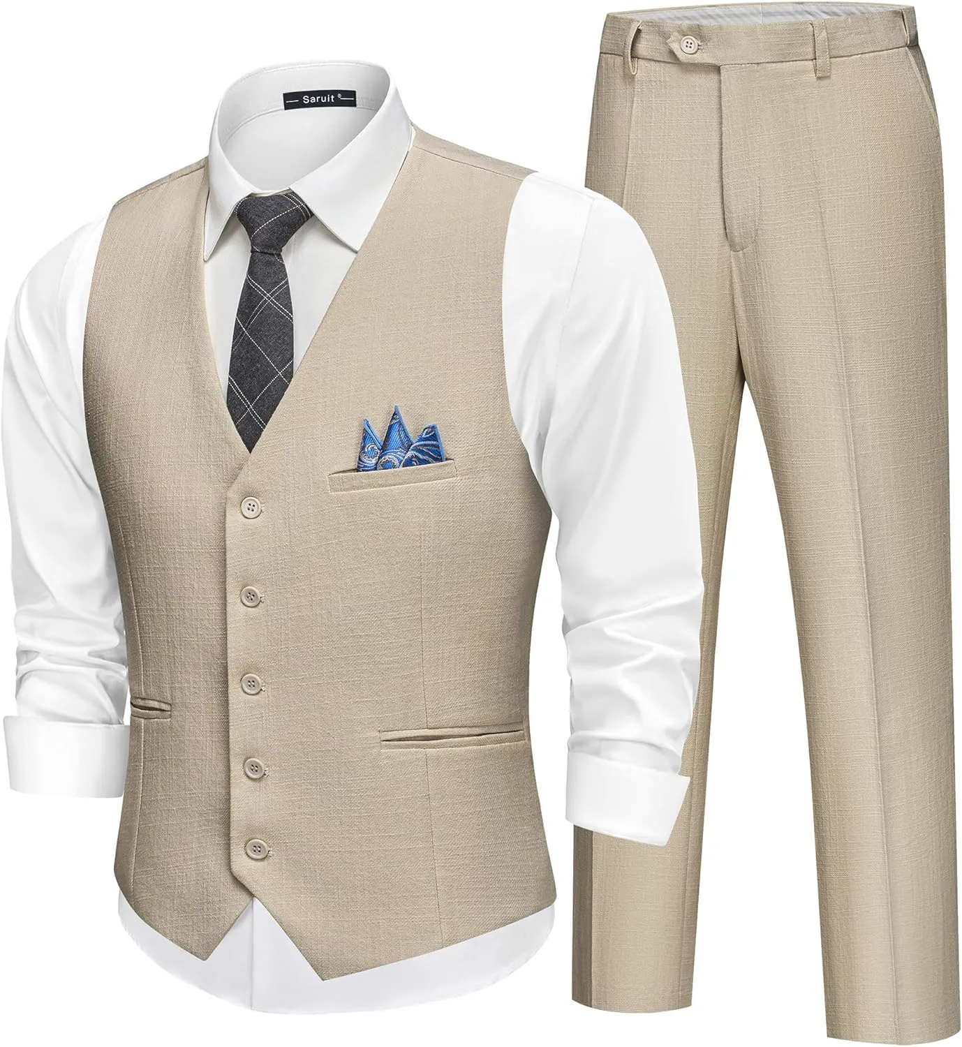 Mens Linen Suit Slim Fit 2 Piece Lightweight Summer Suits Wedding Vest Pants Set with Pocket Square