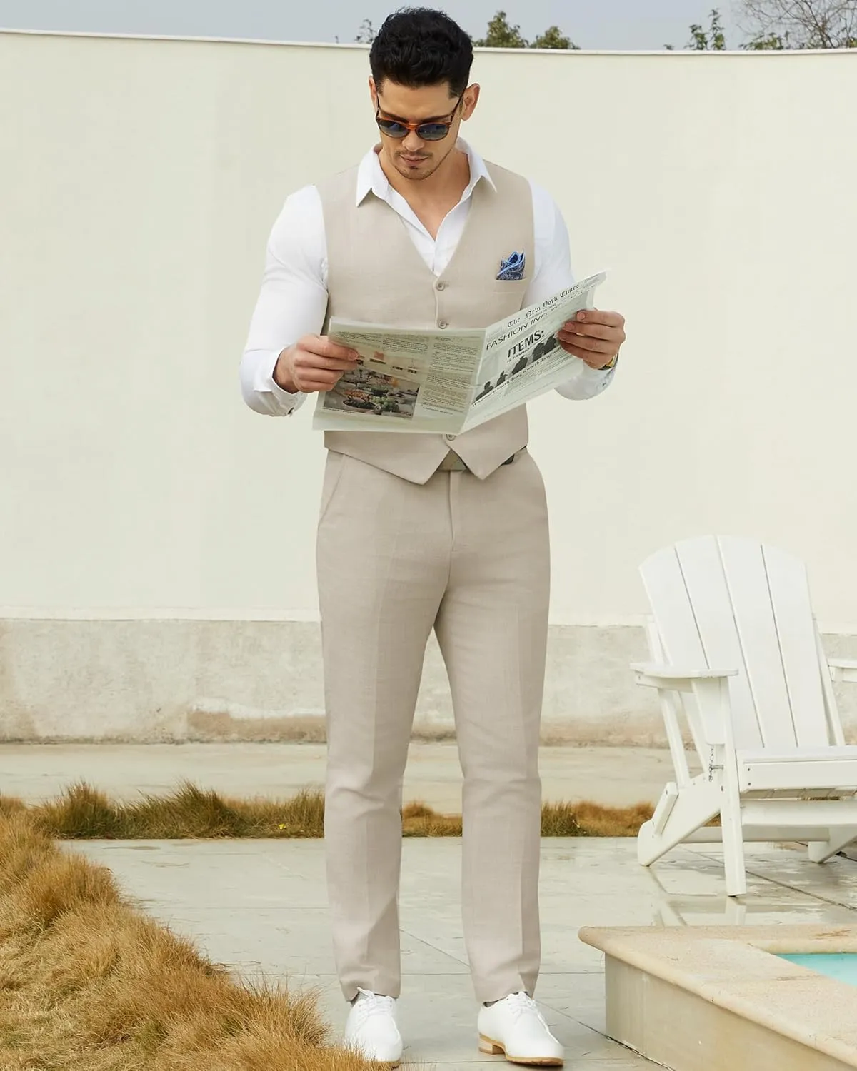 Mens Linen Suit Slim Fit 2 Piece Lightweight Summer Suits Wedding Vest Pants Set with Pocket Square
