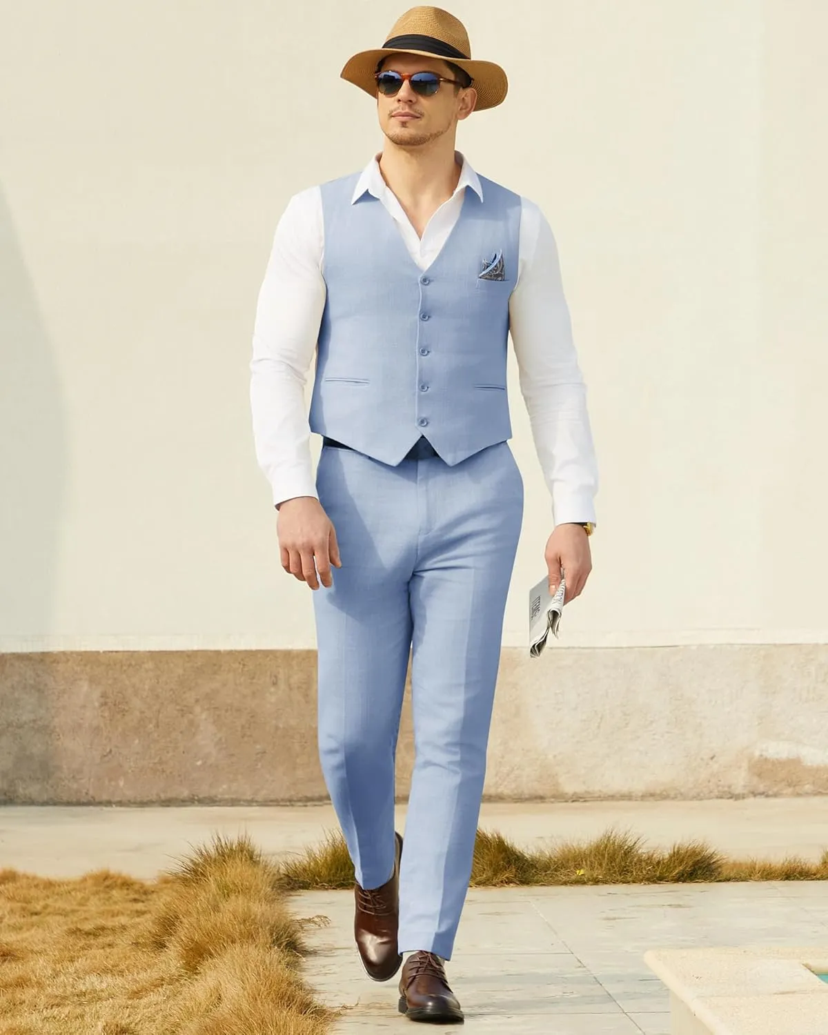 Mens Linen Suit Slim Fit 2 Piece Lightweight Summer Suits Wedding Vest Pants Set with Pocket Square