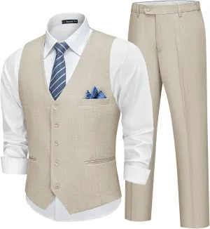 Mens Linen Suit Slim Fit 2 Piece Lightweight Summer Suits Wedding Vest Pants Set with Pocket Square