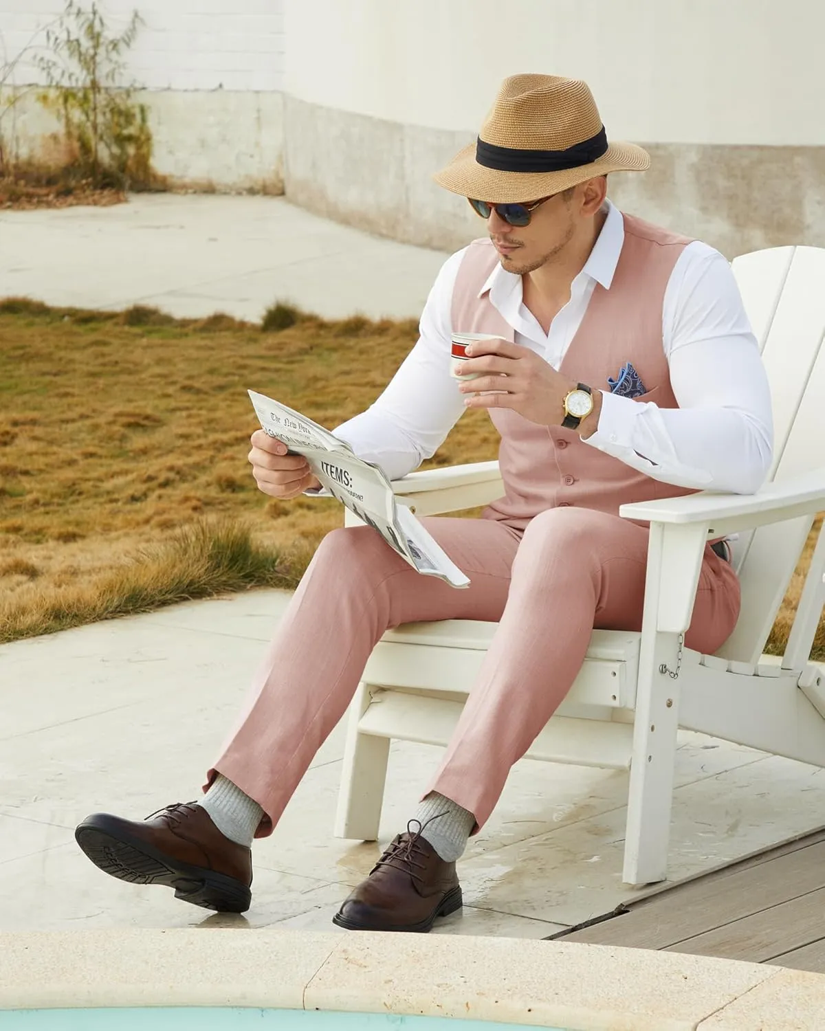 Mens Linen Suit Slim Fit 2 Piece Lightweight Summer Suits Wedding Vest Pants Set with Pocket Square