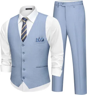 Mens Linen Suit Slim Fit 2 Piece Lightweight Summer Suits Wedding Vest Pants Set with Pocket Square