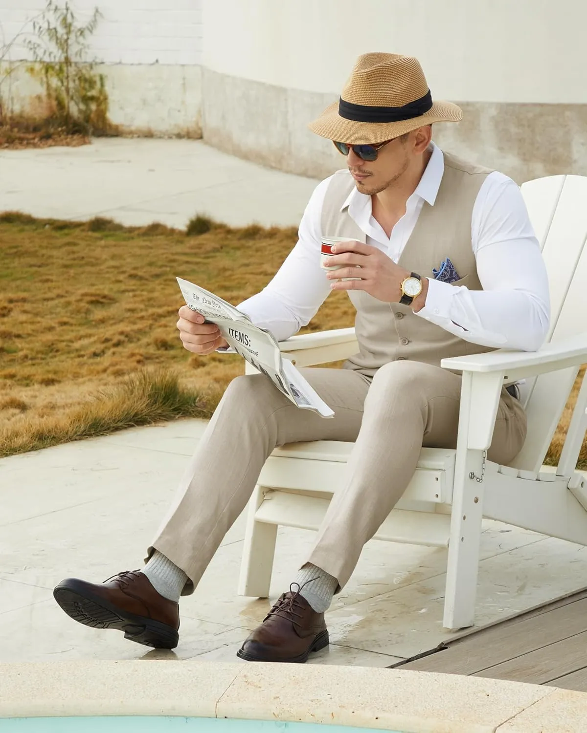 Mens Linen Suit Slim Fit 2 Piece Lightweight Summer Suits Wedding Vest Pants Set with Pocket Square