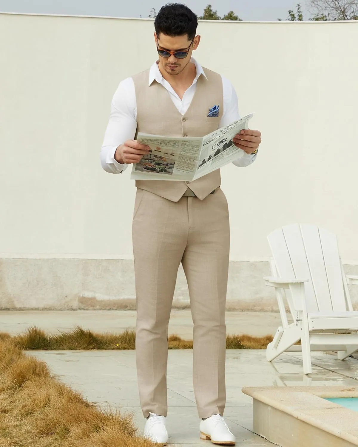 Mens Linen Suit Slim Fit 2 Piece Lightweight Summer Suits Wedding Vest Pants Set with Pocket Square