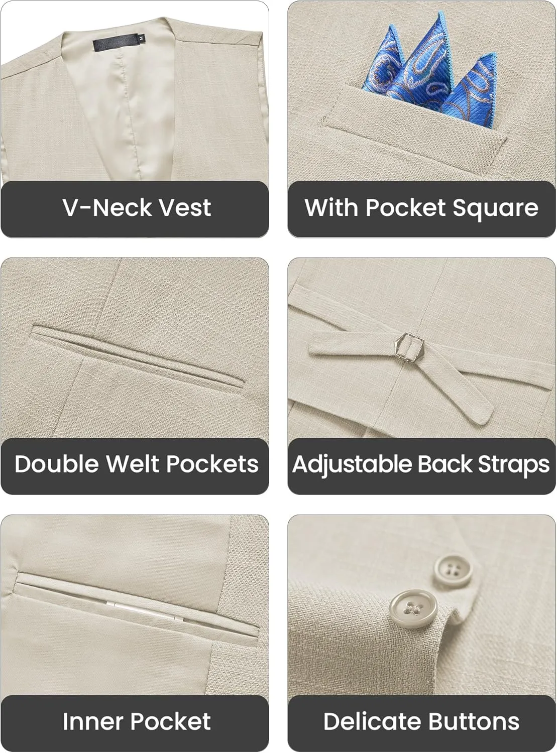 Mens Linen Suit Slim Fit 2 Piece Lightweight Summer Suits Wedding Vest Pants Set with Pocket Square