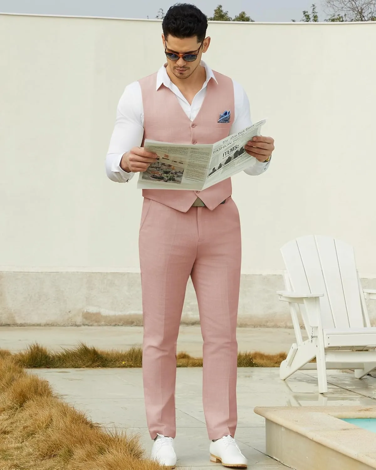 Mens Linen Suit Slim Fit 2 Piece Lightweight Summer Suits Wedding Vest Pants Set with Pocket Square