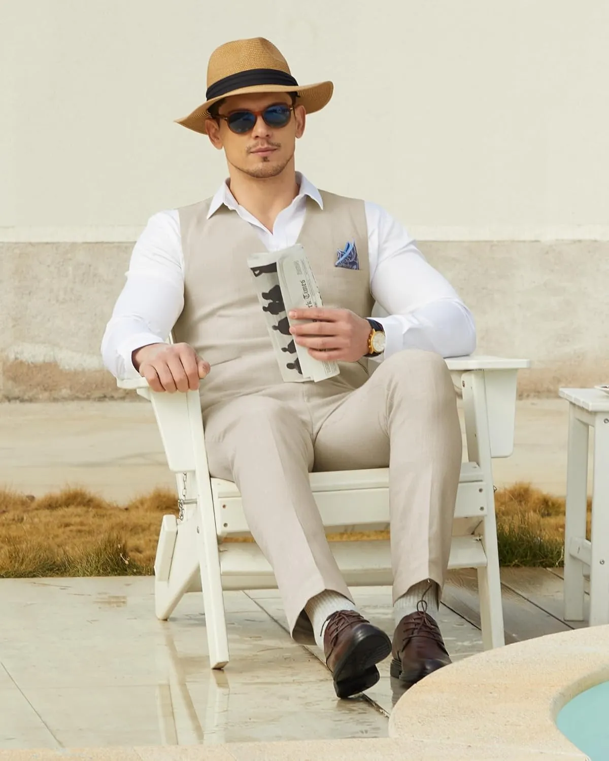 Mens Linen Suit Slim Fit 2 Piece Lightweight Summer Suits Wedding Vest Pants Set with Pocket Square