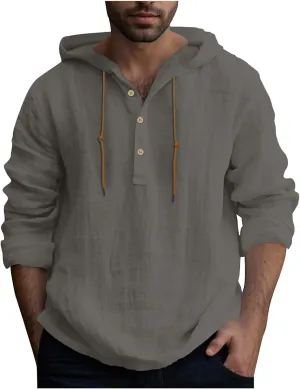 Mens Long Sleeve Linen Hippie Shirts with Hood Button Up Hooded Sweatshirts Casual Hawaiian Beach V Neck Yoga Shirts