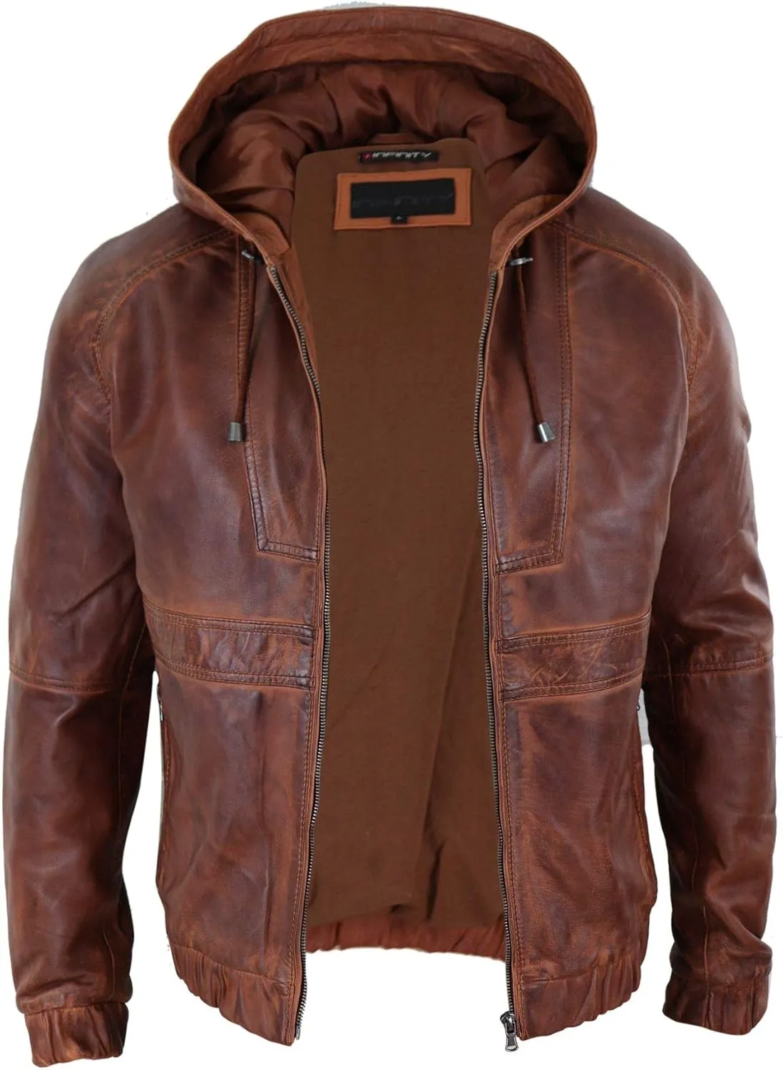 Mens Real Leather Hood Bomber Jacket Tan Brown Black Zipped Tailored Fit Casual