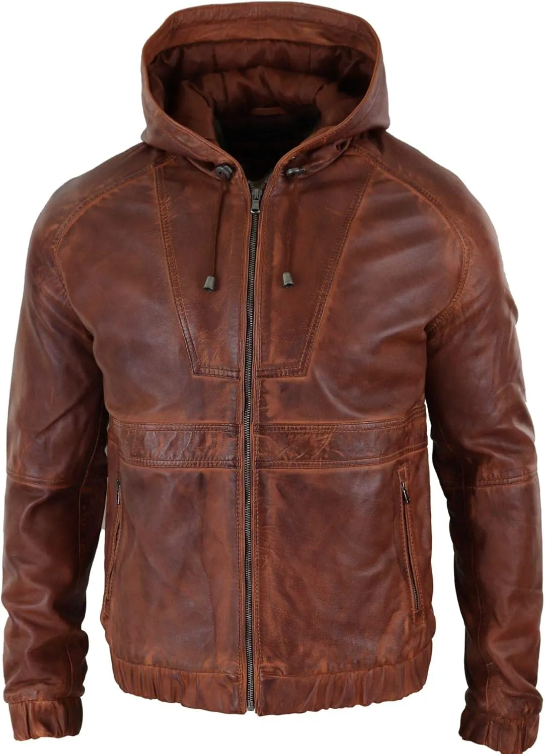 Mens Real Leather Hood Bomber Jacket Tan Brown Black Zipped Tailored Fit Casual