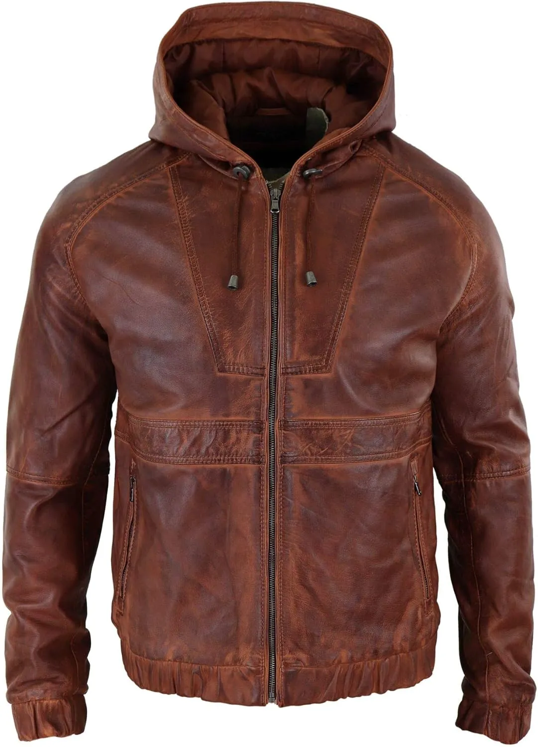 Mens Real Leather Hood Bomber Jacket Tan Brown Black Zipped Tailored Fit Casual