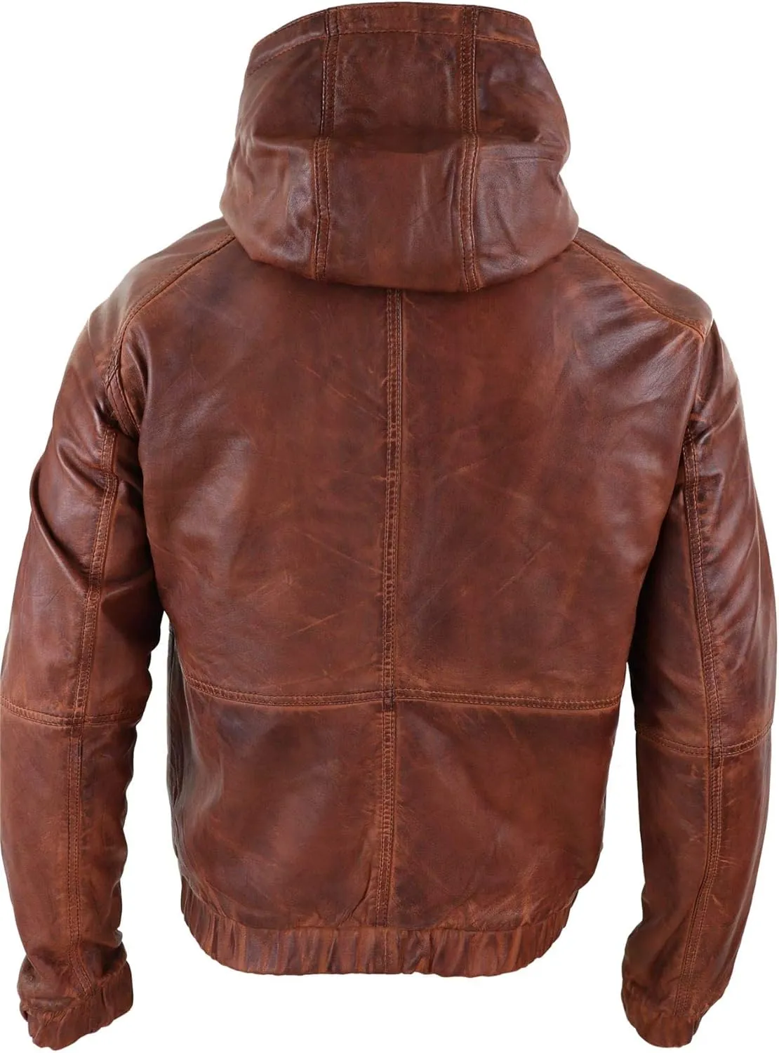 Mens Real Leather Hood Bomber Jacket Tan Brown Black Zipped Tailored Fit Casual