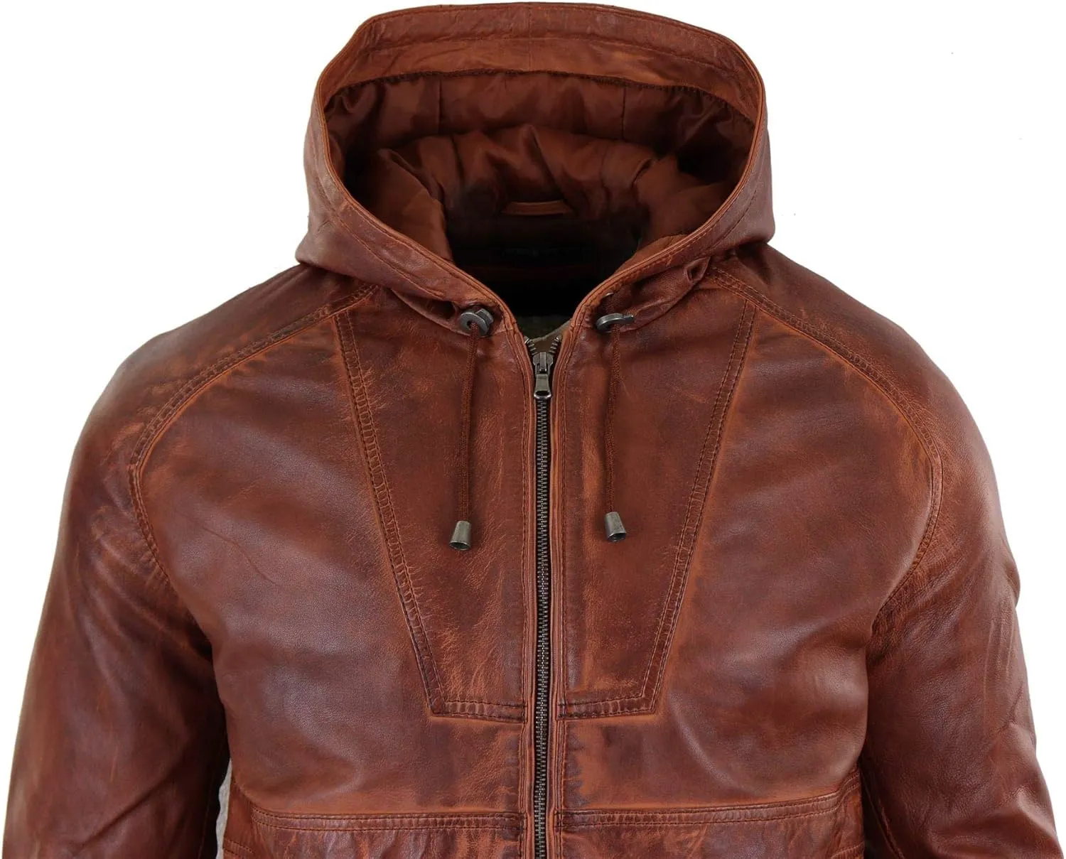 Mens Real Leather Hood Bomber Jacket Tan Brown Black Zipped Tailored Fit Casual