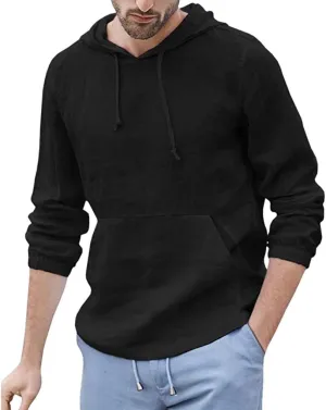 Mens Trendy Hoodie Baggy Cotton Linen Hooded Pocket Solid Long Sleeve Retro T Shirts Tops Hoodies Pullover