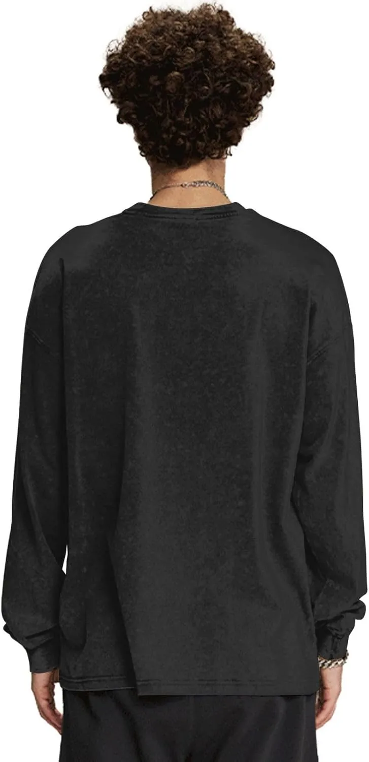 Men's Vintage Oversized T Shirt Casual Unisex Round Neckline Cotton Tshirt Long Sleeved Tee