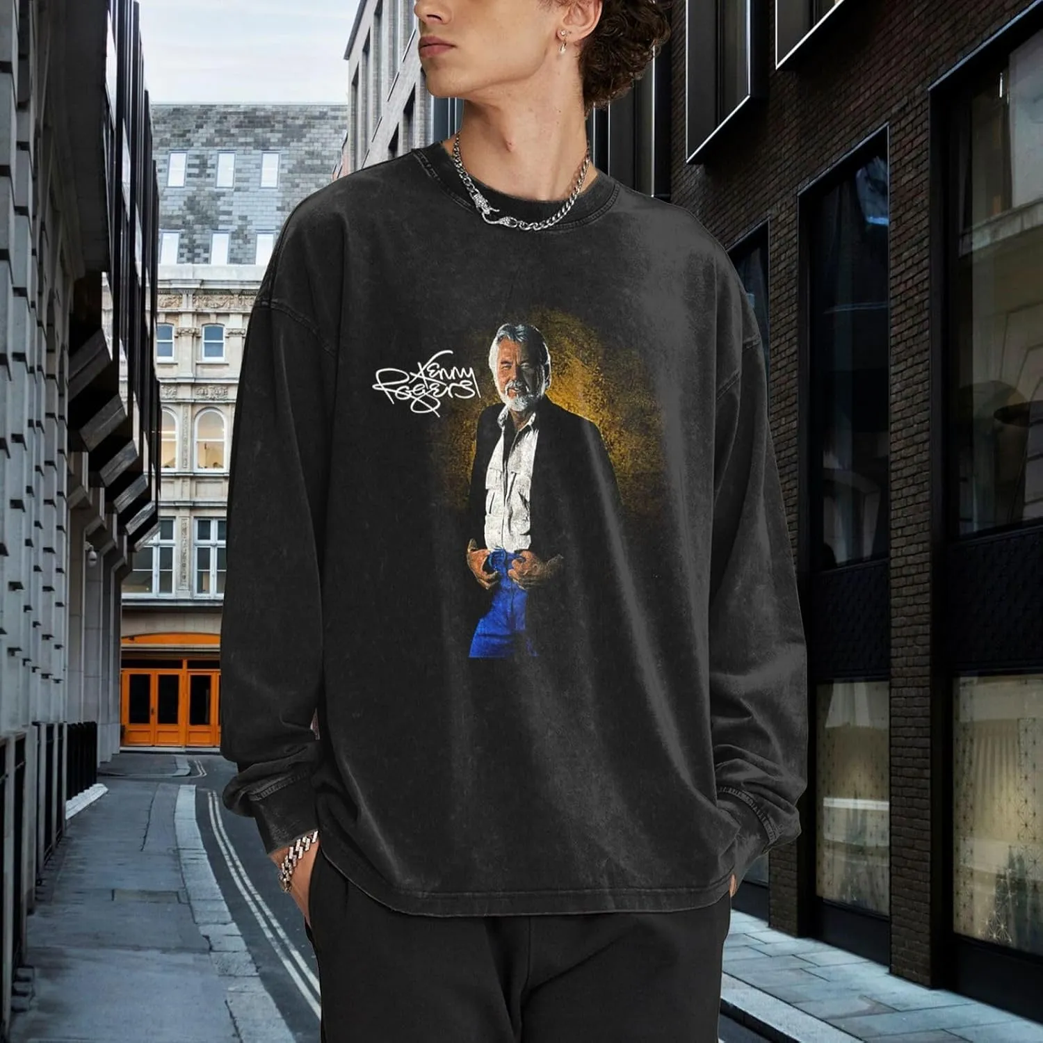 Men's Vintage Oversized T Shirt Casual Unisex Round Neckline Cotton Tshirt Long Sleeved Tee