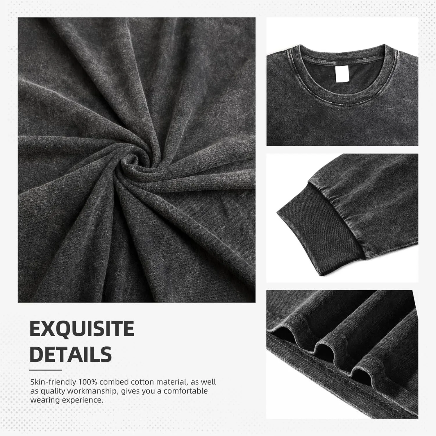 Men's Vintage Oversized T Shirt Casual Unisex Round Neckline Cotton Tshirt Long Sleeved Tee