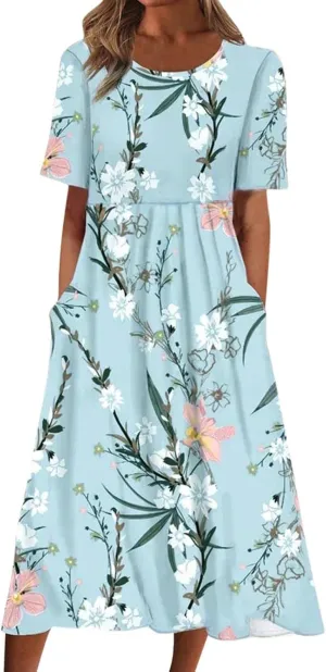 Midi Dresses for Women 2024 Summer Casual Short Sleeve T Shirts Dress Boho Beach Vacation Floral Print Cute Sundress