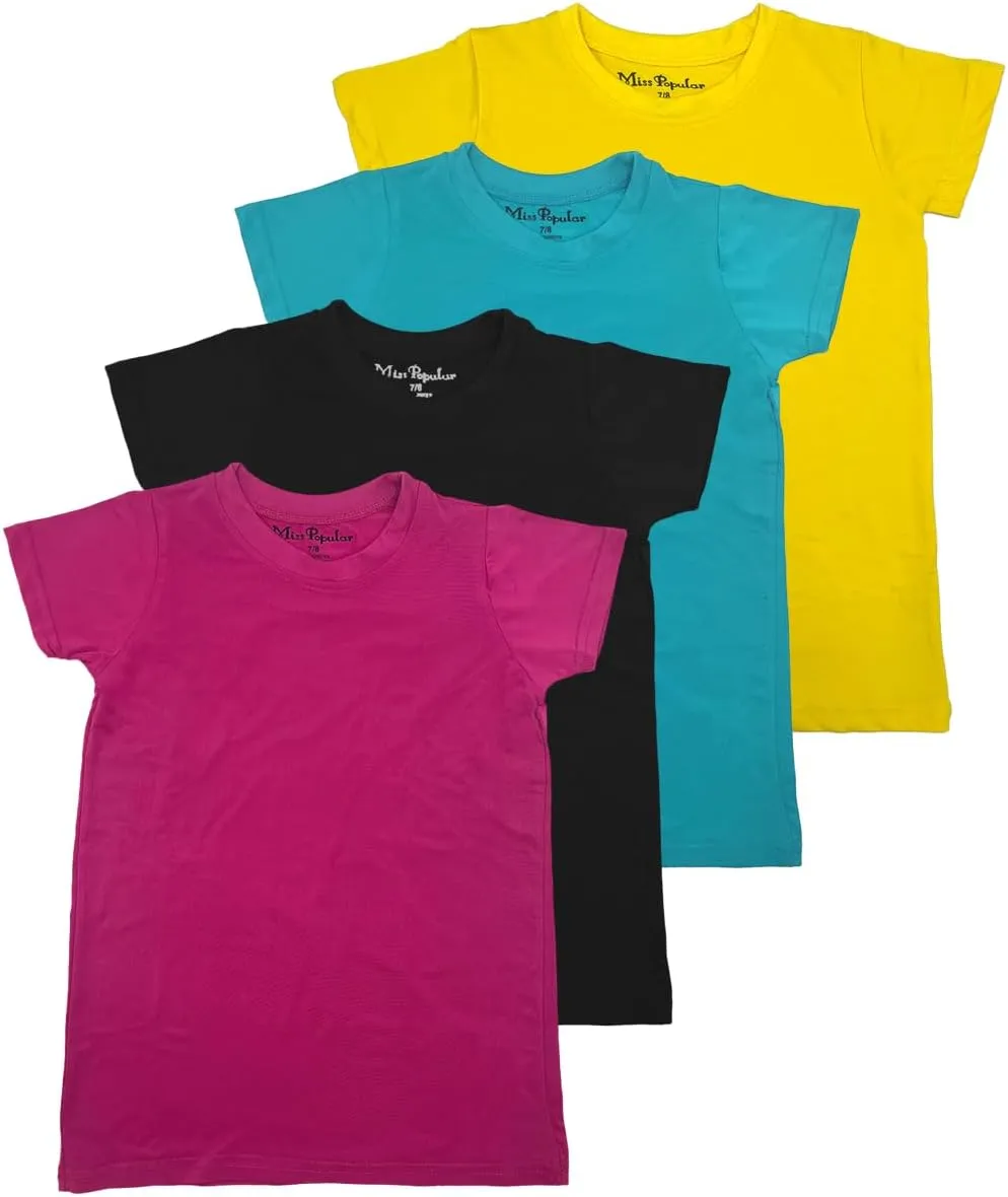 MISS POPULAR Girls 4 Pack Short Sleeve Quick Dry-Fit Moisture Wicking Active Athletic Performance Crew Neck T-Shirts