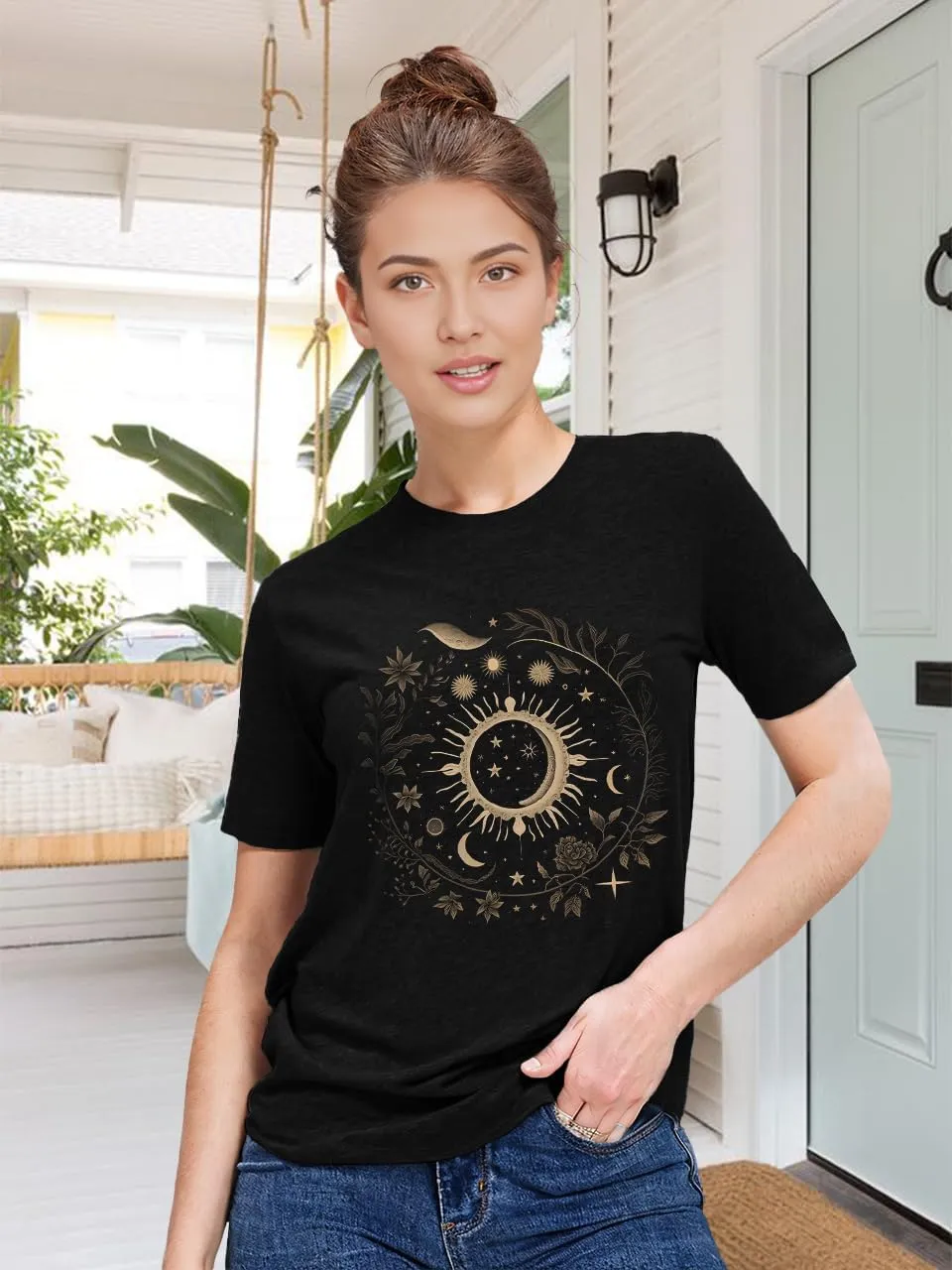 MZEAZRK Women Mystic Moon and Sun Flower Shirt Boho Wildflower Celestial Moon Graphic T Shirts Short Sleeve Tops