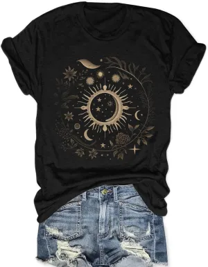 MZEAZRK Women Mystic Moon and Sun Flower Shirt Boho Wildflower Celestial Moon Graphic T Shirts Short Sleeve Tops